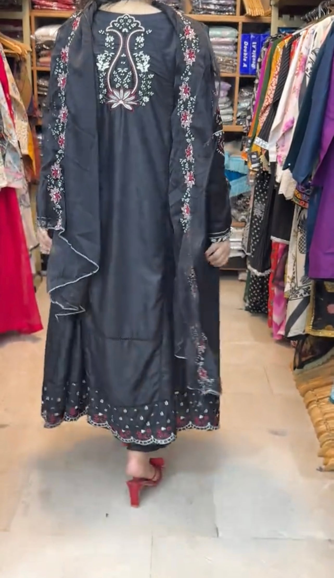 Black Embroidered Frock 3 Piece
