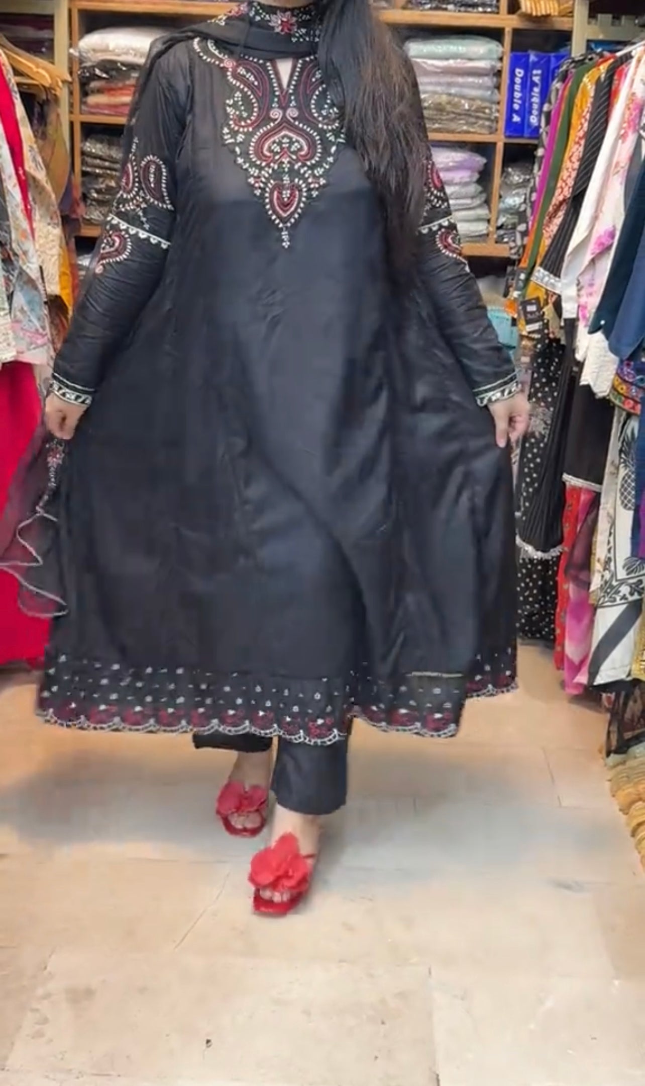 Black Embroidered Frock 3 Piece