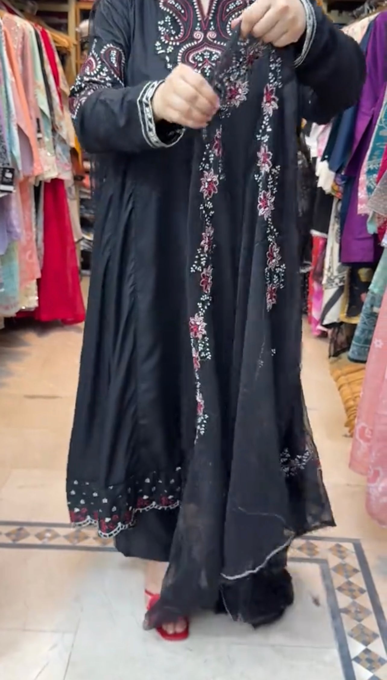 Black Embroidered Frock 3 Piece
