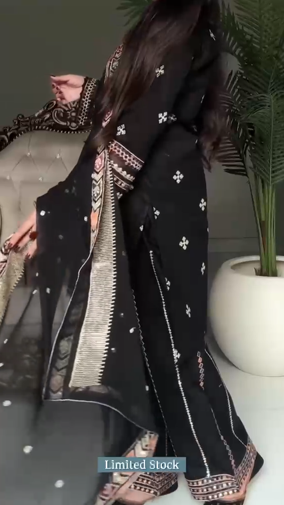 Saya Black Embroidered 3 piece Dress